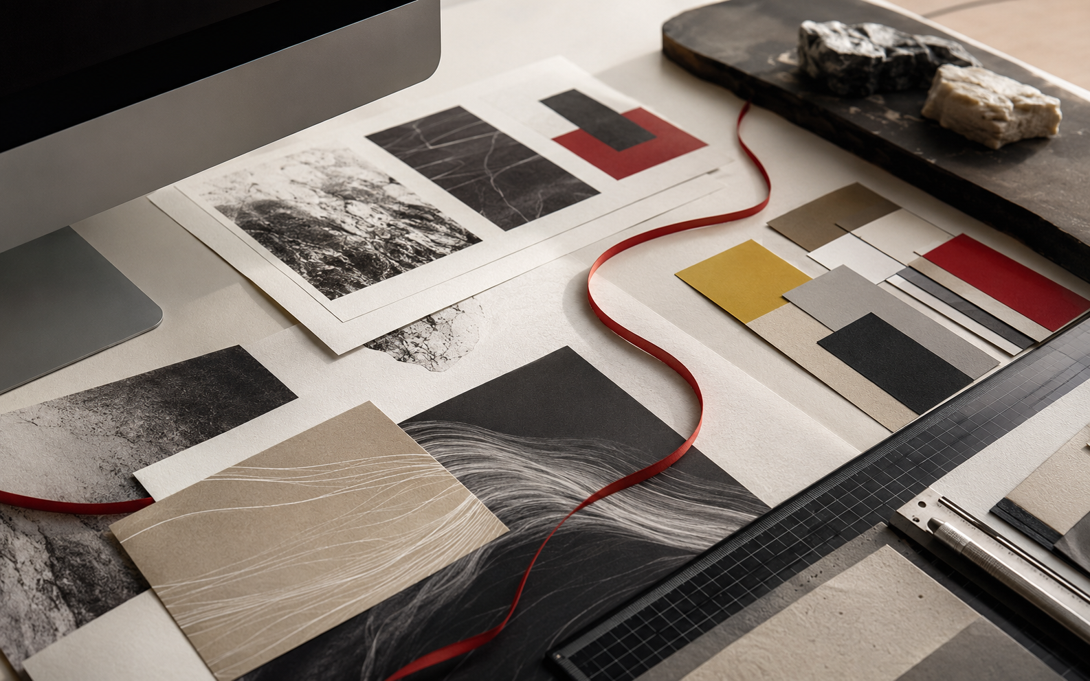 Graphic design materials, print layouts and colour swatches on a studio desk